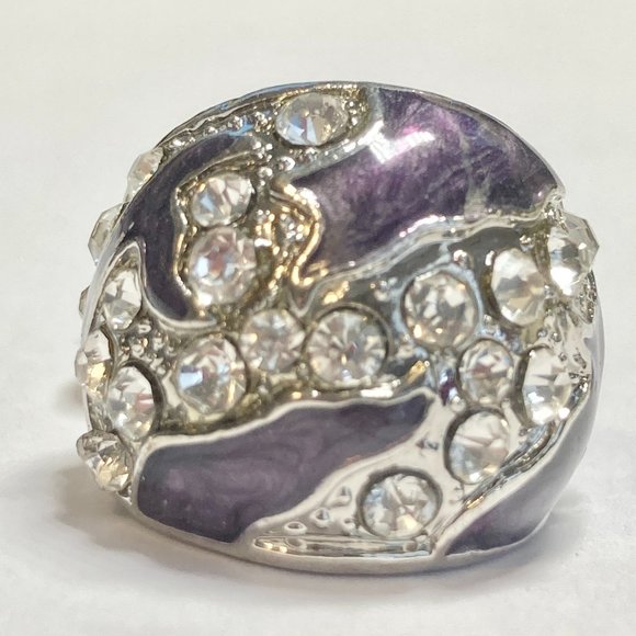 Vintage Purple Enamel Cocktail Ring Silver Plated Crystal Rhinestone Size 6 Boho - Picture 5 of 12